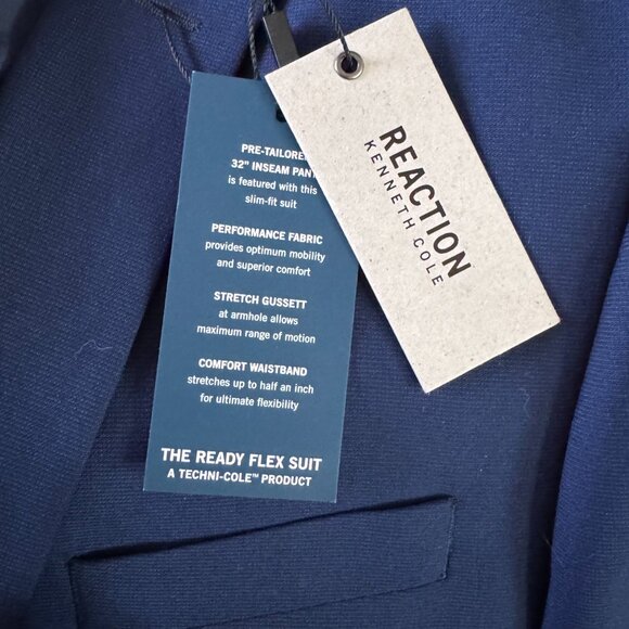 Kenneth Cole Reaction Ready Flex Navy Suit Jacket 42L Stretch Blazer - Picture 8 of 12